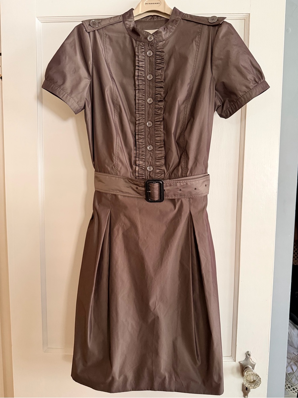 Burberry London Brown Ruffle Front Belted Trench Shirt Dress | Size ITA 42 (4-6)